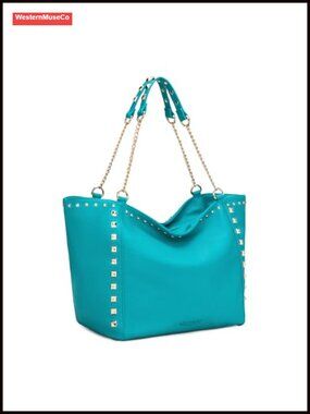 Oversized Vegan Leather Tote Bag with Chain Handle Studded Hobo Purse